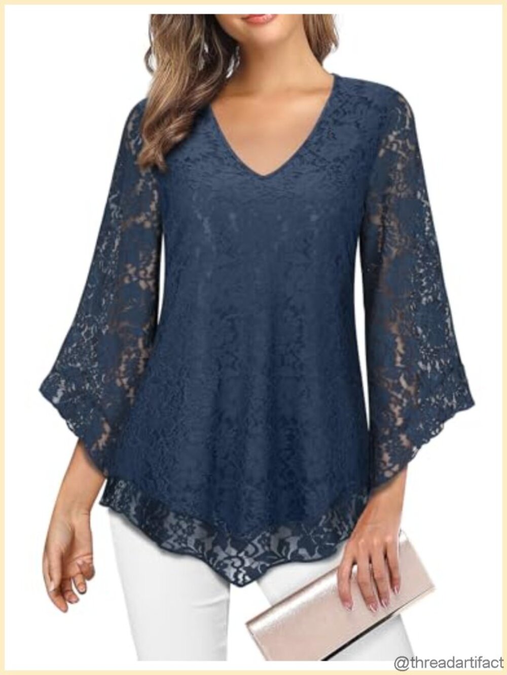 Women's Double Layer Mesh Tunic Top 3/4 Flared Sleeve V-Neck Blouse